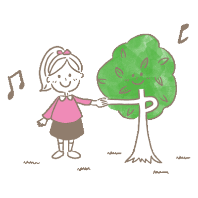 木と手をつなぐ女の子